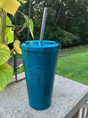 2014 Starbucks Teal Reusable Stainless Steel Tumbler with Lid and Metal Straw